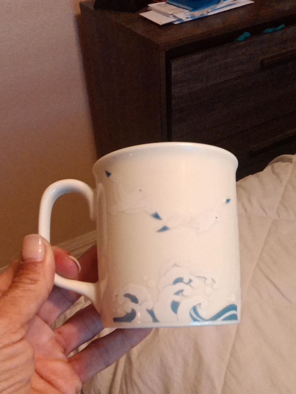 White Ceramic Mug with Blue Wave Design